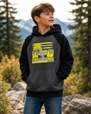 Five Star Bigfoot Adventure Hoodie – Kids Cozy Outdoor Graphic Pullover (Black & Charcoal)